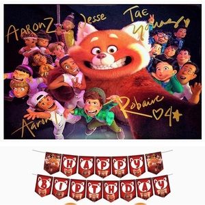 Turning panda red happy birthday party banner , birthday backdrop